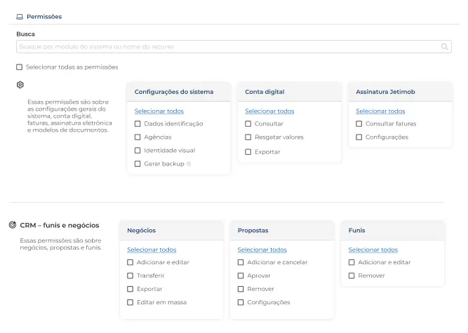 Imagem da tela do grupo de permissões do sistema Jetimob.