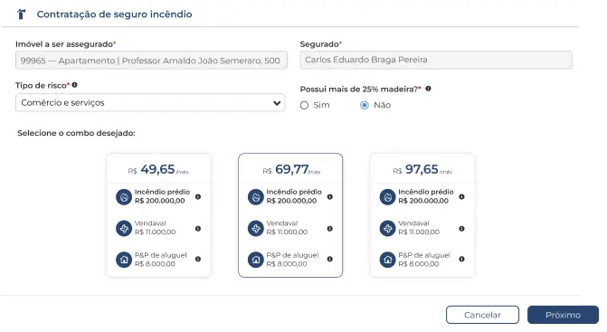 Imagem da tela do seguro incêndio do sistema Jetimob.